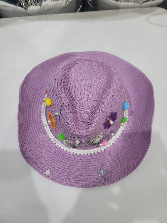 PURPLE POMPOM FLOWER HAT