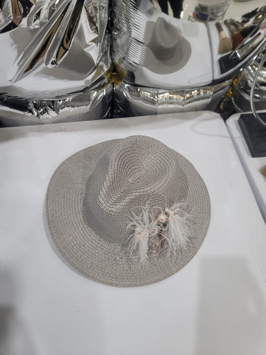 GREY HAT WITH BROOCHE AND FEATHERS