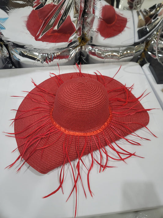 WIDE BRIM RED HAT WITH LONG FRINGES
