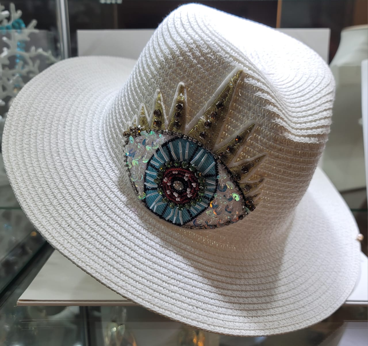 WHITE EVIL EYE HAT