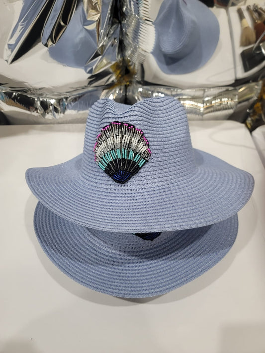 SEA SHELLS EMBROIDERY GREY STRAW HAT