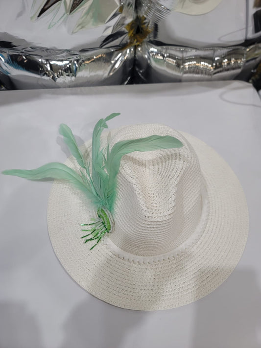 WHITE STRAWHAT WITH MINT GREEN FEATHERS
