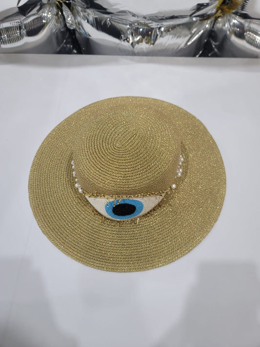 BROWN EVIL EYE HAT WITH PEARLS