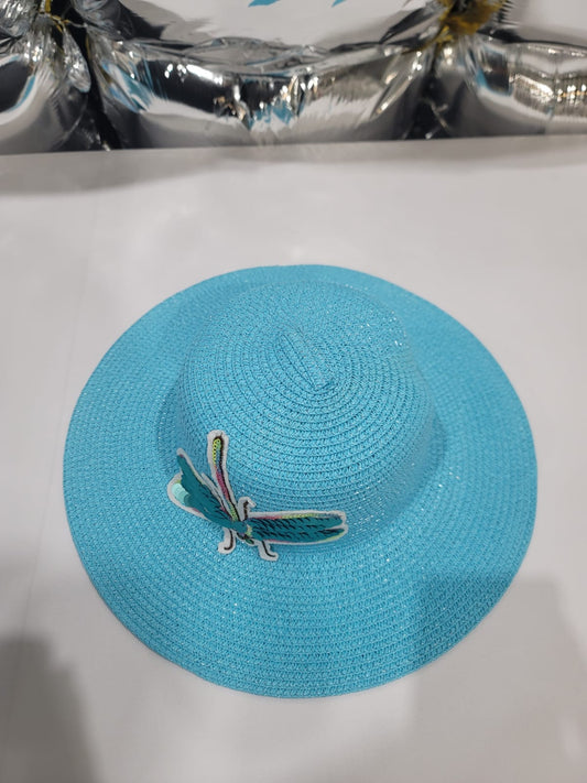TERQUOISE STRAW HAT WITH DRAGONFLY GRAFITTI