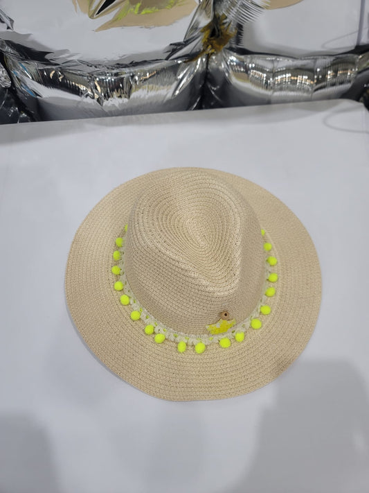 YELLOW POMPOM BEIGE HAT